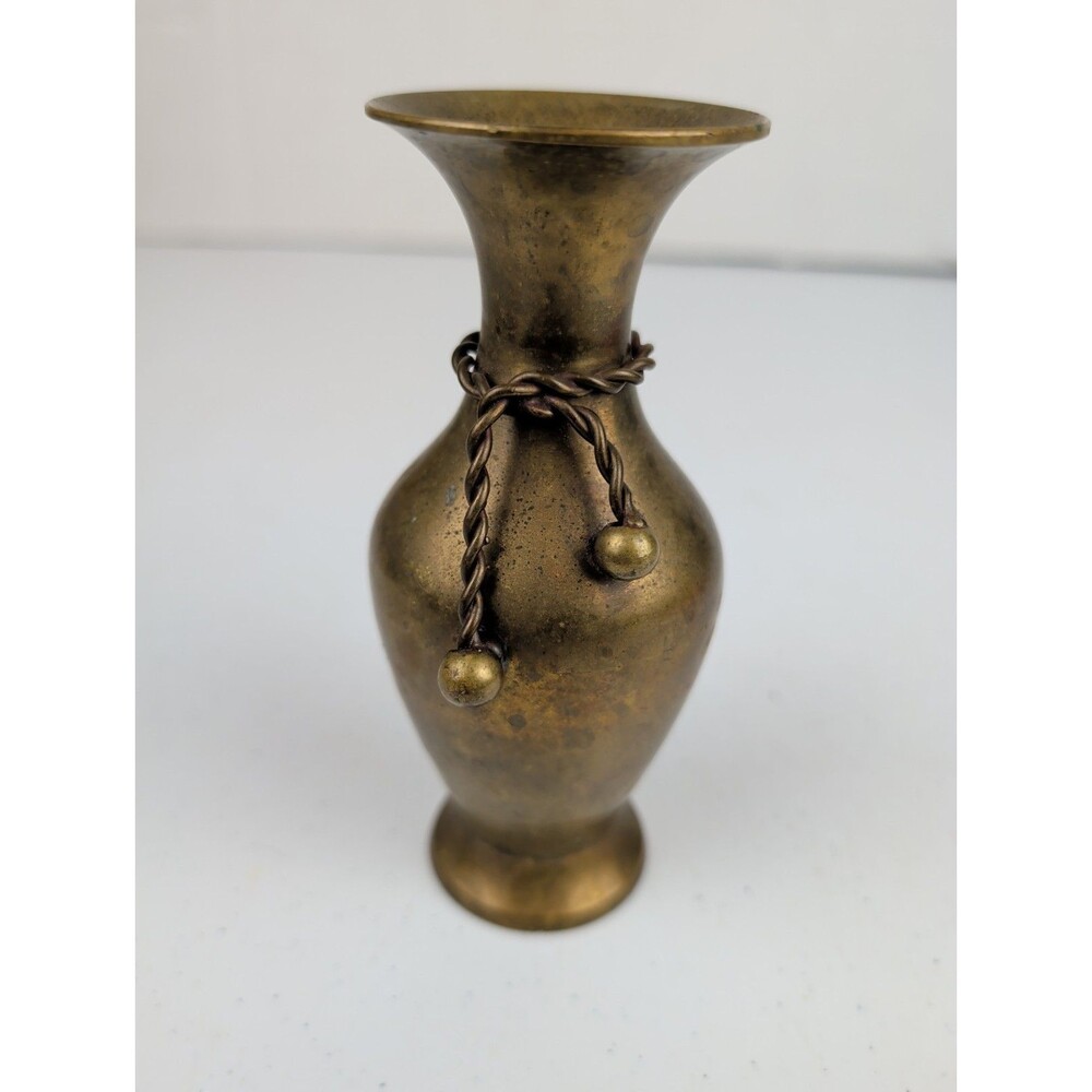 Vintage Solid Brass Bud Vase w/ Rope Detail – Made in India 5.5"  Decor Small